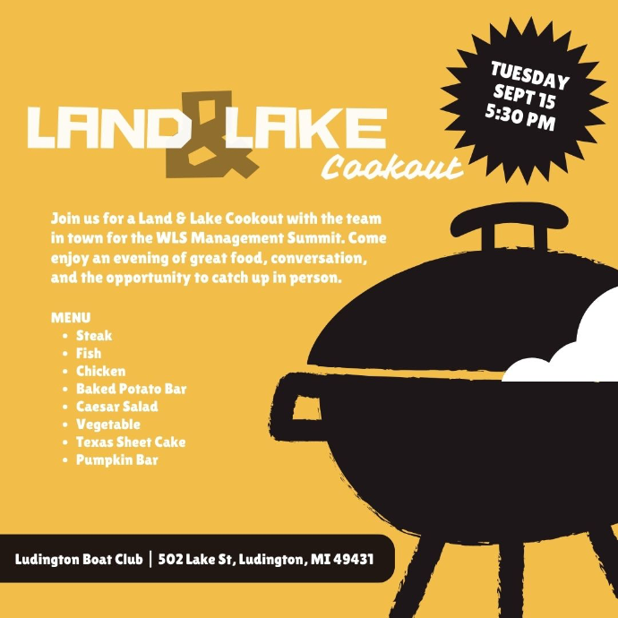 Poster graphic detailing the Land &amp; Lake Cookout event for employees of Western Land Services.